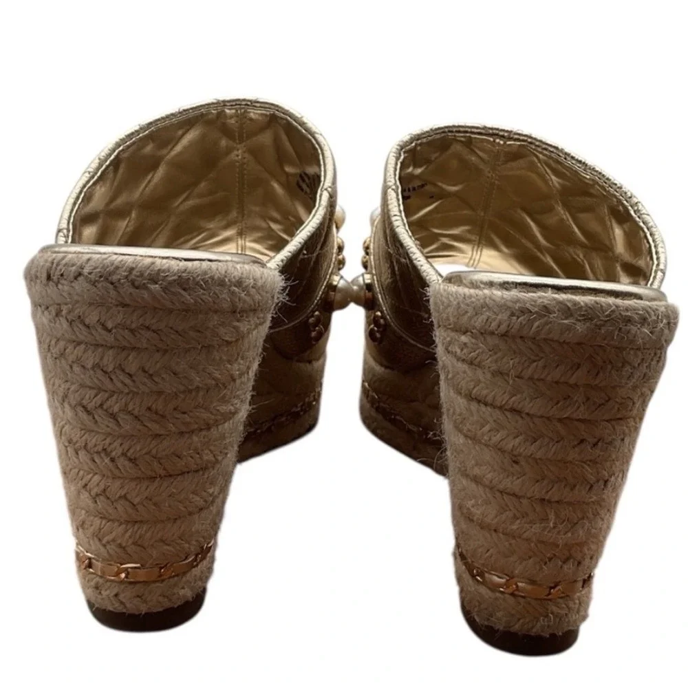 Karl Lagerfeld Paris Gold Quilted Leather Pearl Studded Espadrille Wedge 7